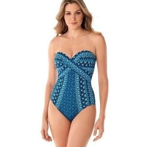 NWT Miraclesuit Blue Pattern Mosaica Seville Bandeau One Piece Swimsuit